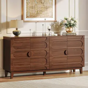 【DealsforYouDays】ONBRILL 63" Sideboard Buffet Cabinet with Storage, Large Buffet Cabinet with 4 Circular Panel Design Doors and Adjustable Shelves, Modern Sideboard for Living Room, Kitchen