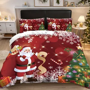 Christmas Theme HD Digital Print Bedding Set, 3-Piece (1 Fitted Sheet + 2 Pillowcases), Soft Comfortable, Bedroom Dorm Room Decor