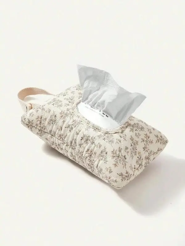 1Pc Hanging Floral Wet Wipes Bag with Strap - Beige All-Over Textured Print, Lightweight Portable Multifunctional Storage Solution for Strollers, Travel, Daily Tissue & Diaper Organization