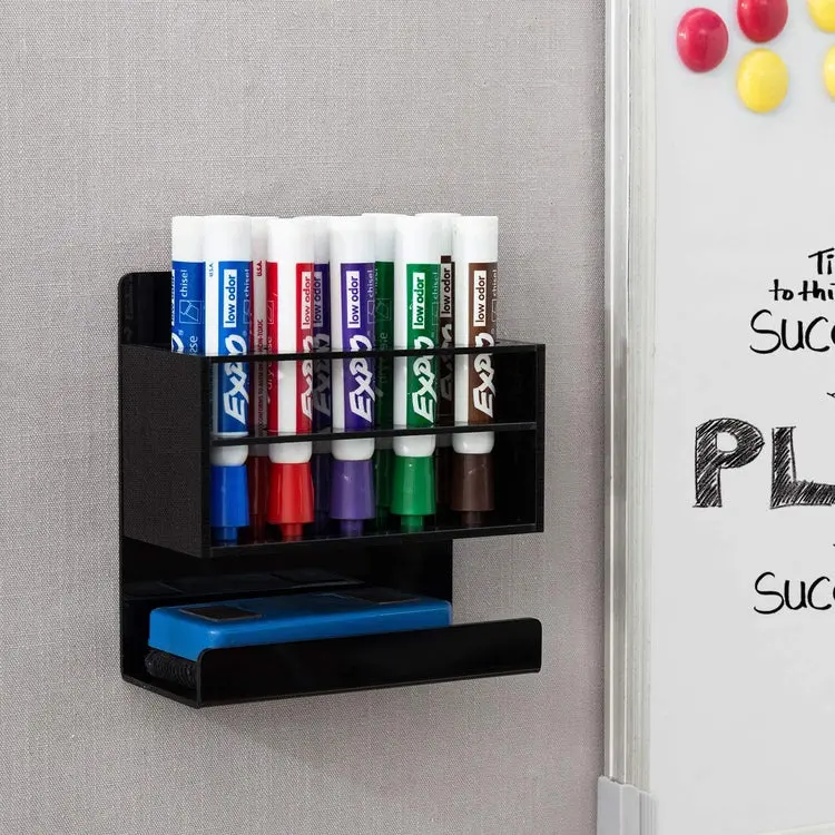 2-Tier Black Acrylic Wall Mounted 10 Slot Dry Erase Whiteboard Marker and Eraser Holder, Set of 2