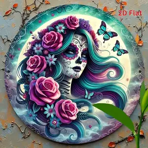 2D Flat, 1pc 8x8 Inch Dia de los Muertos Sugar Skull Wreath - Vibrant Day of the Dead & Cinco de Mayo Decor with Roses, Butterflies, and Floral Accents, Perfect for Home, Porch, Wall, or Window, Outdoor Hanging Decoration, Home Decor,  Metal Sign