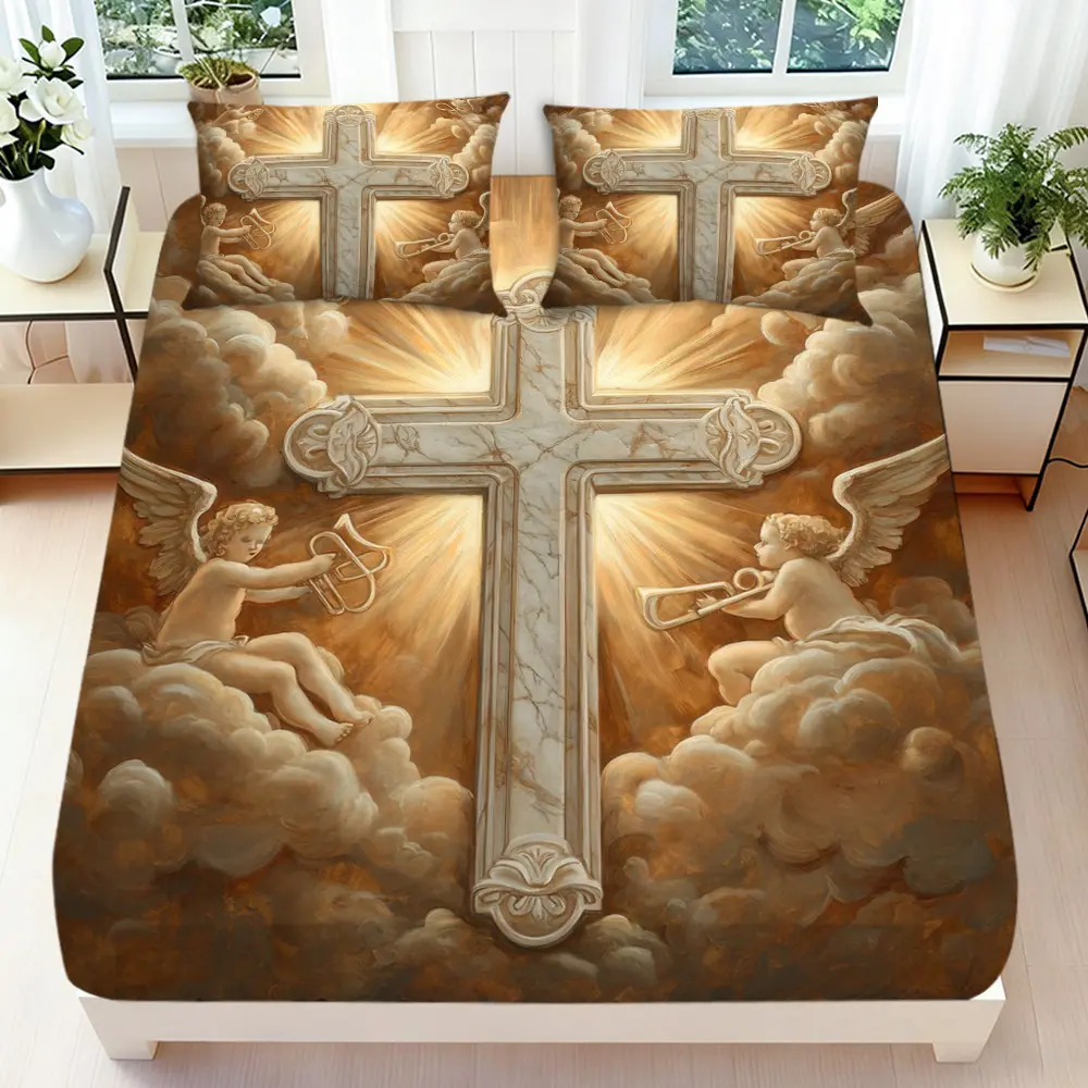 2/3 Pcs 2D Flat Religious Angelic Cross Fitted Sheet Set Angel Cross Bedding Set Quilt Cover 1 Fitted Sheet + 1/2 Pillowcases Heavenly Angelic Top Sheet Decorative Bedding Bedroom Decor