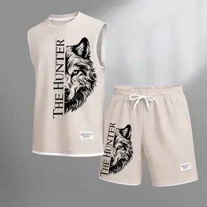 Men's Domineering Half-Face Hunter Wolf Head "THE HUNTER" Slogan Print Sleeveless Tank & Shorts Set, Summer Lightweight Waffle Sporty Casual Two-Piece Outfit, Streetwear for Gym & Daily Wear