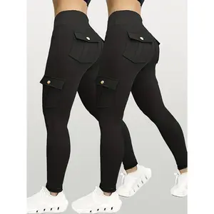 [2pcs Plus Size Cargo Pants] 2pcs High-Waisted Plus Size Cargo Pants|       Stylish & Comfortable Yoga Fitness Leggings with Button Pockets|       Black & Navy Blue, Polyester Blend for Outdoor & Activewear