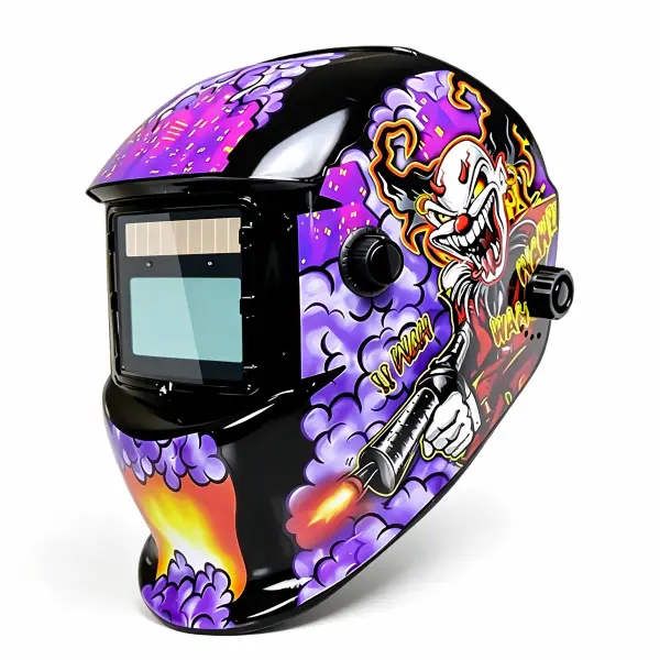 Auto Darkening Solar Powered Welding Helmet, Adjustable Shade DIN 9-13 Welder Mask Hood with Dual Arc Sensors & Test Function True Color 1/1/1/2 Optical Clarity for ARC TIG MIG Grinding Work, Lightweight Clown Graffiti Pattern Welding Protective Mask
