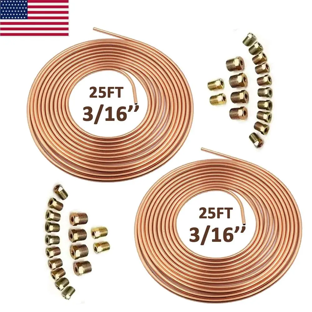 2x25FT 3/16" OD Copper Nickel Brake Line Tubing Kit, Corrosion Resistant Anti-Rust, 32 Fittings, Easy Hand Bending & Flaring for Automotive DIY Repair Truck Restoration