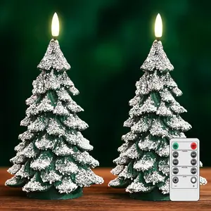 2-Pack Snow-Covered Flameless Christmas Tree Candles with Remote - 8.5" Green LED Flickering Battery Candles for Holiday Decor