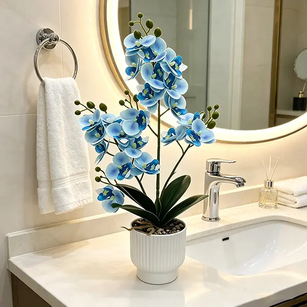 14.5 Inch Real Touch Blue Artificial Orchid Plant, Fake Phalaenopsis Flower Arrangement with White Ribbed Ceramic Pot, Luxury Villa Bathroom Mirror Table Decor, Aesthetic Long Lasting Faux Floral for Bedroom Living Room Home Deco
