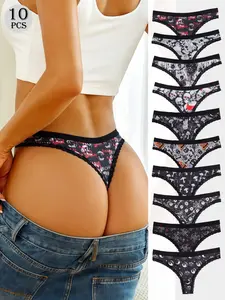 Morvia 10 Pcs Women's Gothic Thong Set, Skull Star Bat Unique Patterns, Sexy Fitted Printed Underwear, All Seasons, Trendy Design