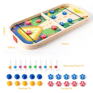 Wooden toys 3-in-1 Wooden Tabletop Game Set – Slingshot Hockey & Bowling, Kids Ages 3+ Interactive Sling Puck Game