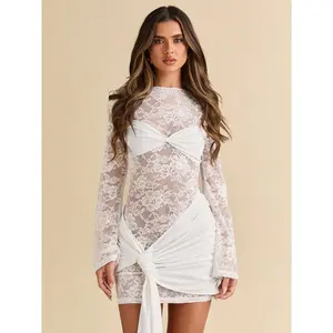 Lace Mini Dress Long Sleeve Bodycon Mesh Dresses Formal Wedding Guest Dress Fall 2025