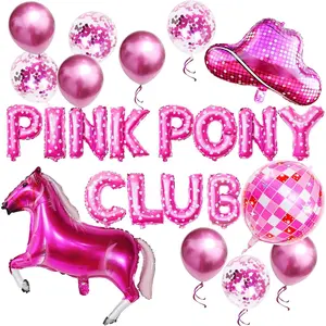 Pink Pony Club Balloon Banner Pink Horse Disco Ball Mylar Balloon for Nash Bash Western Cowgirl Bachelorette Party Decorations