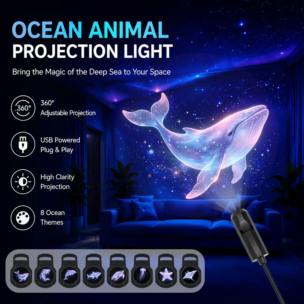 Marine Life Projection Night Light - Indoor Ceiling & Wall Ambiance Decor with 8 Ocean-Themed Designs (Whales, Dolphins, Turtles, Starfish, Jellyfish) for Relaxing Sleep Environment