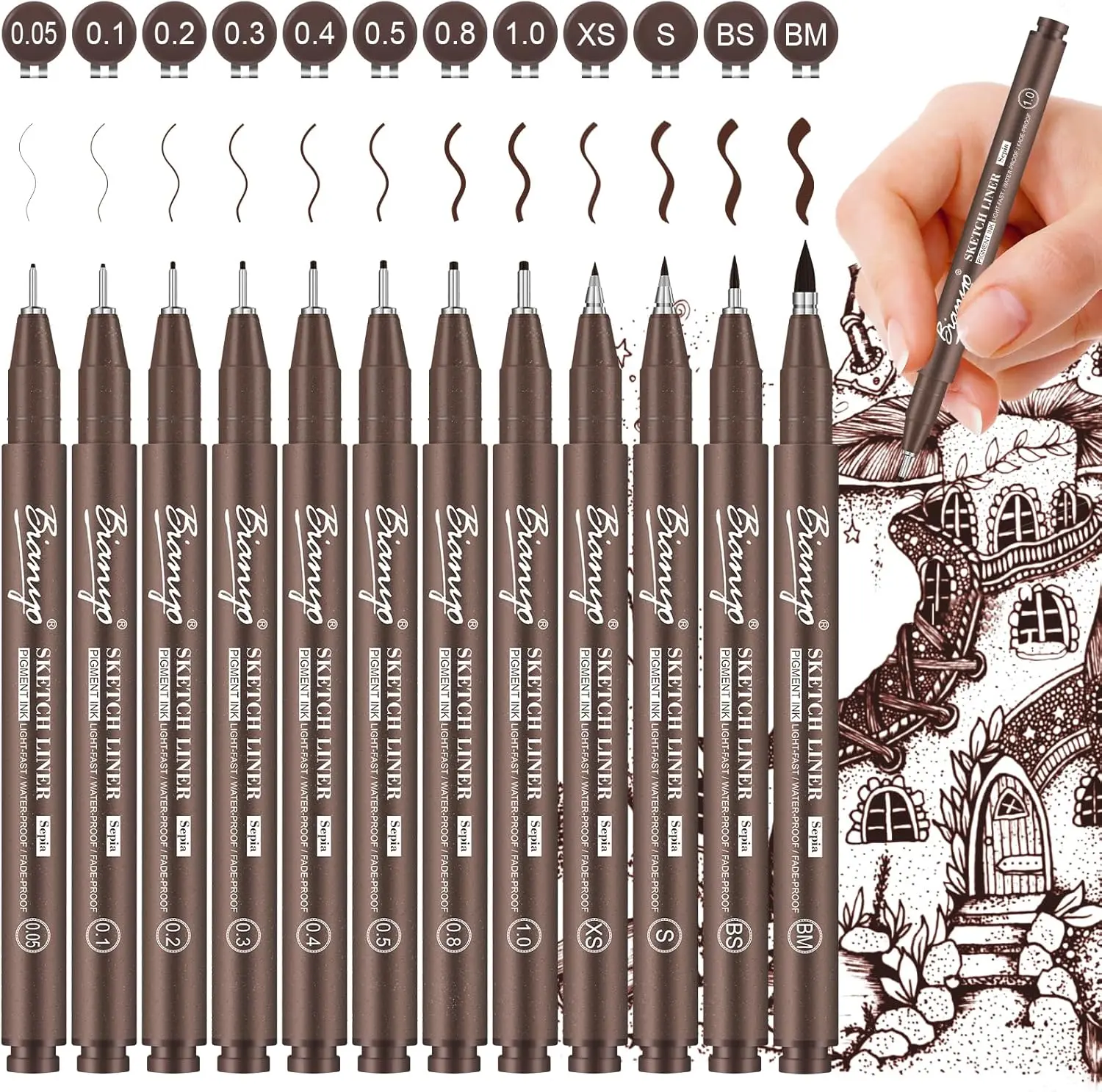 Bianyo Sepia Tone Drawing Pen Set, 12 Assorted Sizes Sketch Liner, Water-Resistant Archival Pigment Ink Art Pens, Precision Drawing Kit, Assorted Pack Markers & Highlighters, Bible Study Office Stationery Supplies