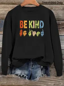 Women's Letter & Hand Print Drop Shoulder Sweatshirt, Casual Long Sleeve Round Neck Pullover for Fall & Winter, Women's Clothes for Daily Wear