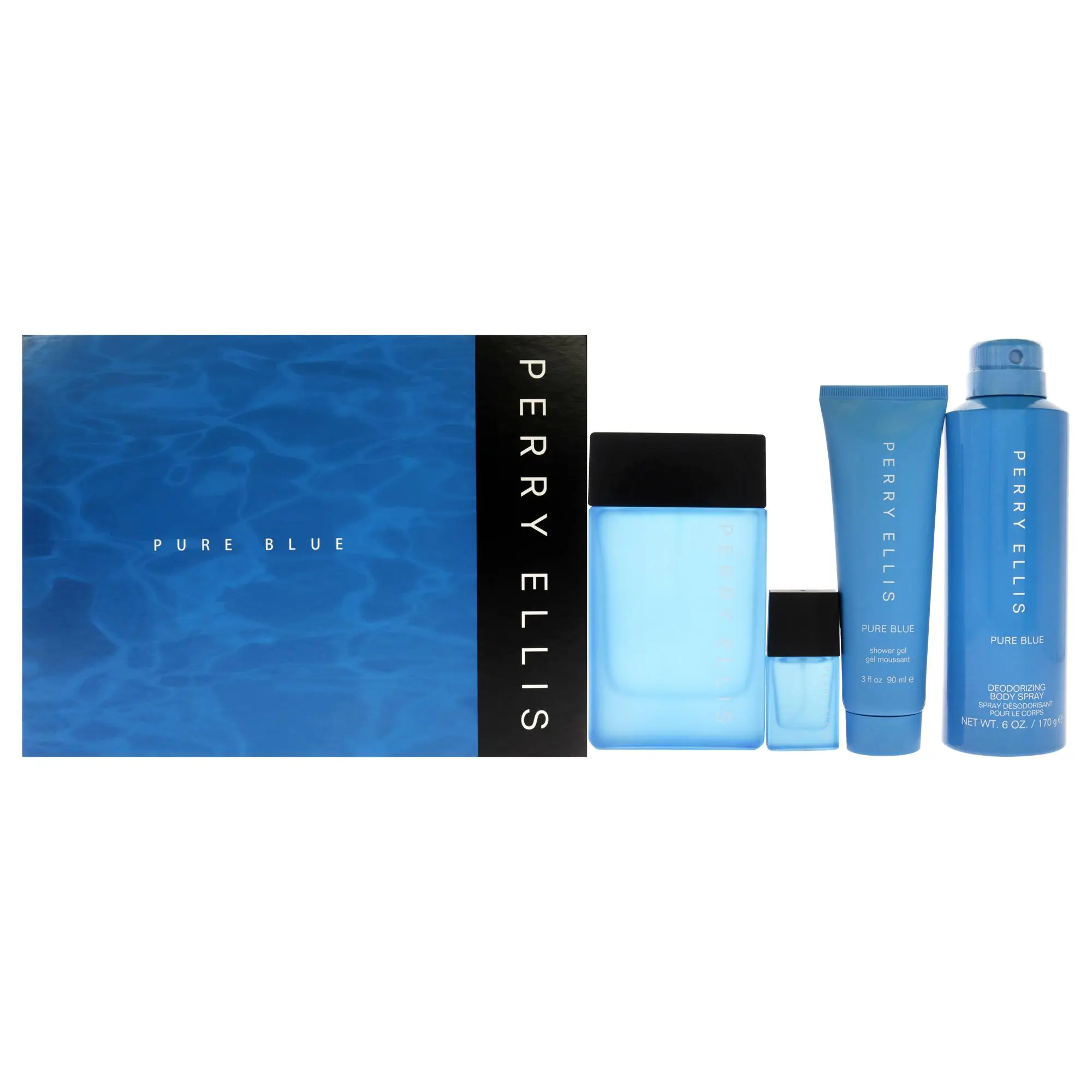 Perry Ellis Pure Blue by Perry Ellis for Men - 4 Pc Gift Set 3.4oz EDT Spray, 7.5ml EDT Spray (Mini), 3oz Shower Gel, 6oz Deodorant Body Spray