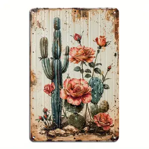 Large Retro-Style Metal Tin Sign- Reusable Aluminum Wall Decor with Vintage Cactus Flower Design- 8x12 Inch(20*30cm) for Garage, Home, Bar, and Office