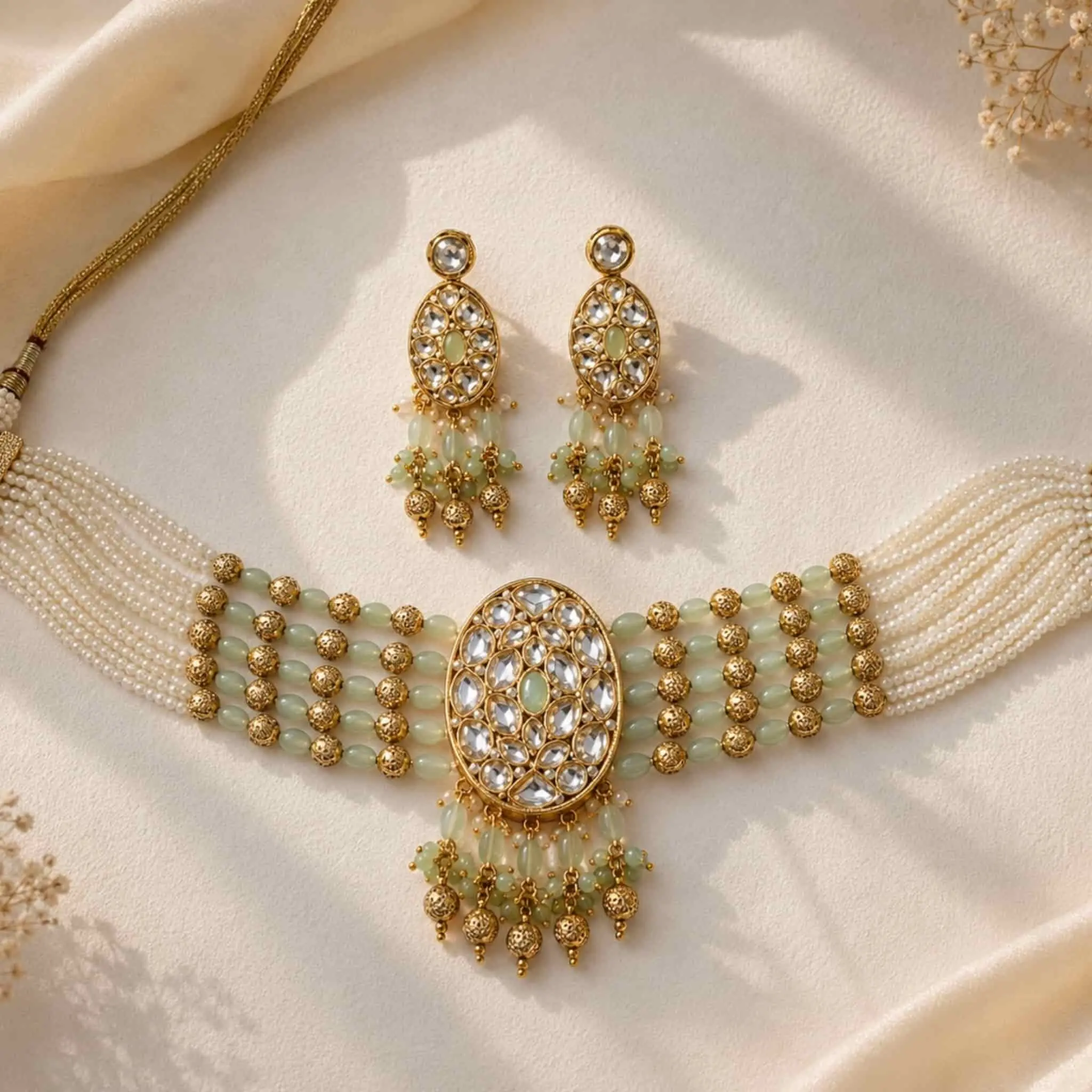 Mint Kundan Choker Necklace Set Indian Bridal Ethnic Jewelry