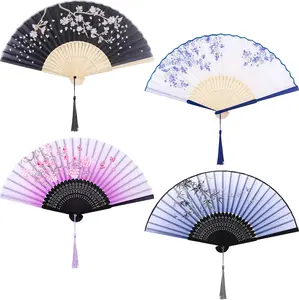 4 Pieces Folding Fans, Silk Fabric, Hand Holding Fans, Retro Style, Color D, Foldable, 8.3 Inches (Closed), 15 Inches (Open), Perfect for Party, Wedding, Gifts, Wall Decoration