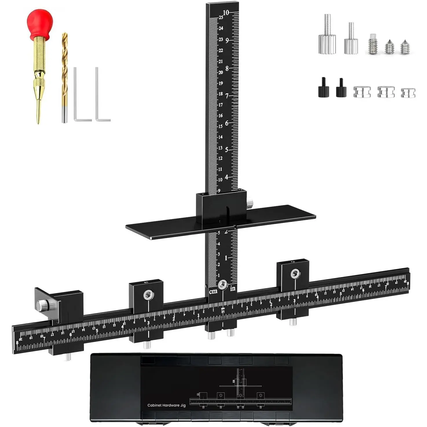 Cabinet Hardware Jig, Aluminum Cabinet Handle Jig with Center Punch, Adjustable Drill Guide Template Tool for Drawer Knobs, Handles, and Pulls, Metal Woodworking Tools for Home Wood Working