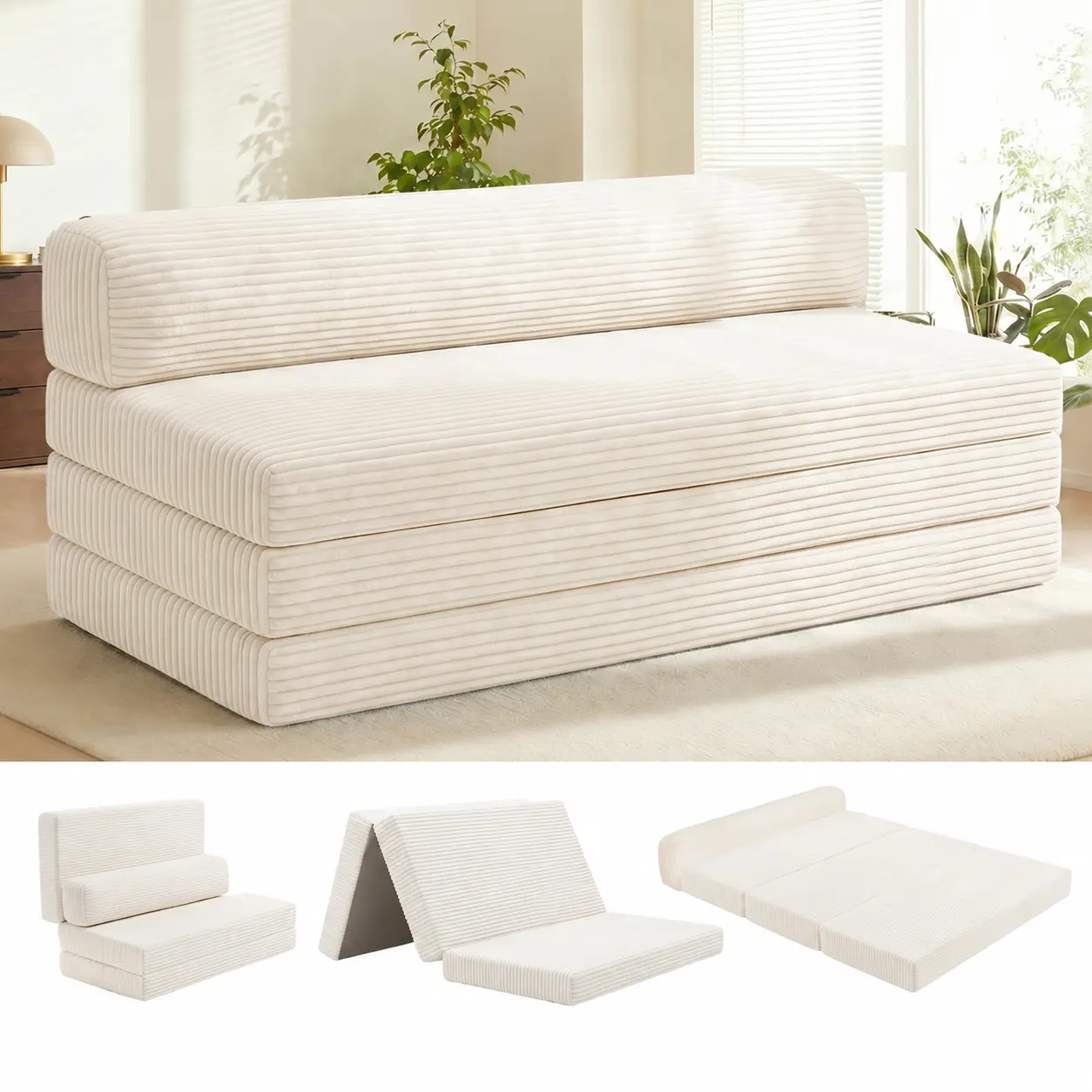 5-in-1 Convertible Sofa Bed Full Size, Boneless Couch Loveseat with Removable Cushions & Washable Cover, Futon Sofa Bed with Handle, Pull Out Couch for Small Spaces, Beige
