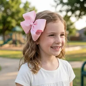 2pcs Girls' Classic Grosgrain Hair Bows with Plain Wrap Center, No-Slip Hair Clip, Handmade, Light Pink, Medium