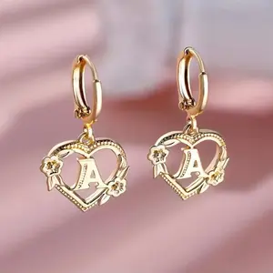 [Elegant Hoop Earrings] Elegant Golden Pair of Heart & Floral Initial "A" Hoop Earrings |   Sophisticated Copper Design for Women - Perfect for Casual Attire and Parties