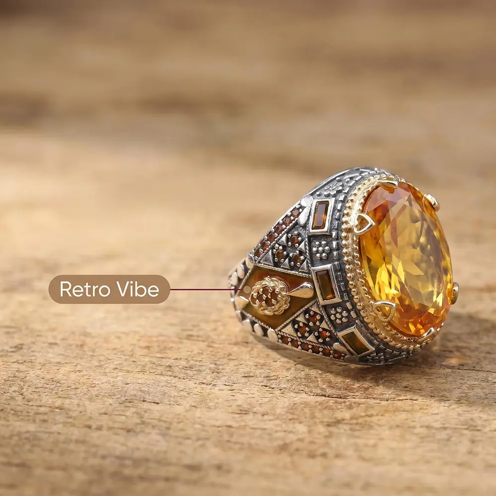Unisex Vintage Engraved Geometric Copper Metal Fashion Ring - Wide Court-Carved Band with Large Oval Synthetic Cubic Zirconia, Sizes 6-11, Metal Rings for Everyday, Party Use & Gifting