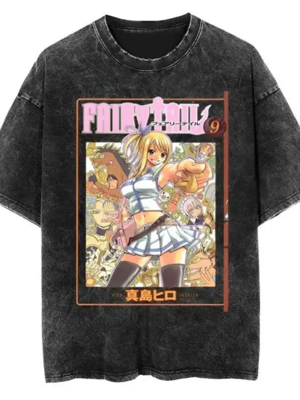 【ST 100%cotton】 Men's Short-Sleeve Round Neck Vintage T-Shirt - Fairy Tail Lucy Heartfilia Manga Cover, Distressed Acid Wash, Festive Casual Streetwear Top Summervibes Menswear Shortsleeve Tee Classic Fairy Tail Pink Title Lucy Full Cast Anime Graphic Tee