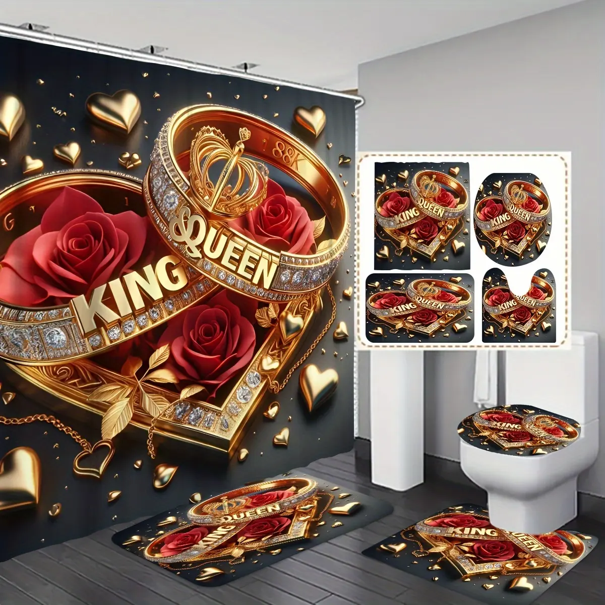 Valentine'S Day Themed Bathroom Set with King and Queen Ring Pattern, Polyester Washable Bath Ensemble with Hooks - Machine Washable, Fashion Theme, Woven Weave, Includes Bath Mat, Toilet Cover, and Non-Slip Rug (1pc/3pcs/4pcs Options) shower curtains
