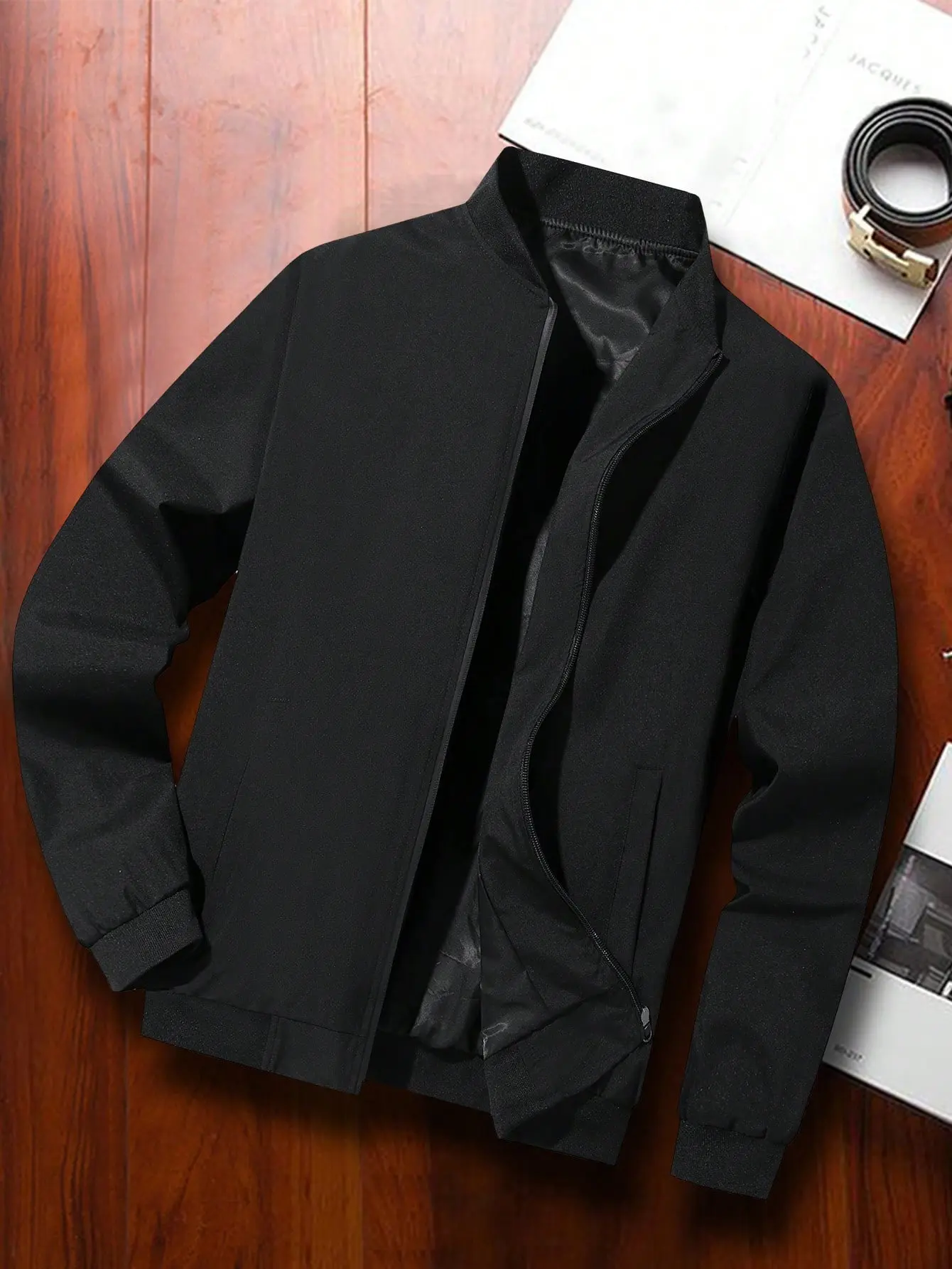 Men’s solid black zip up jacket with baseball collar – smooth wrinkle resistant woven fabric, ribbed collar, cuffs & hem, slash pockets, smooth metal zipper, lightweight business casual layer for commuting & everyday work