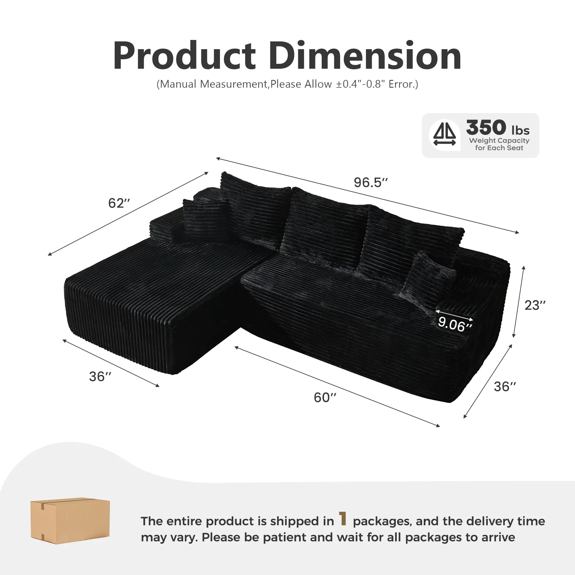 97" Black L-Shaped Sofa Left Chaise