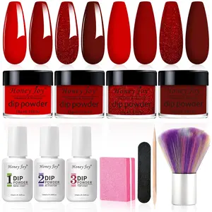 Honey Joy Dip Powder Nail Kit Red & Glitter Set with Base Top Coat DIY Salon Nails No Lamp Needed Complete Starter Kit Easy Application Long Lasting Shine Cruelty Free Odorless Non Irritating Healthy Formula Manicure - Polish, Gentle