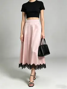 2026 Fashion Women's Lace Design Satin Midi Skirt, High Waist, Flowy Back, Slim Fit, Elegant Style, All Seasons Wear
