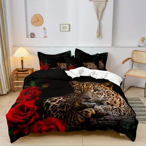 3D Leopard Rose Quilt Cover Set, Duvet Cover Set, Wild Style Three-Piece Bedding, Skin-Friendly Napped Fabric, All-Season Use, High Definition Print
