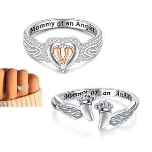 Mommy of an Angel Wing Ring Gifts for Mothers Pregnancy Loss Son or Daughter Ring Silver Mom Feather Rings Mother's Day Gifts Memorial Jewelry Sympathy Gift for Women Mom