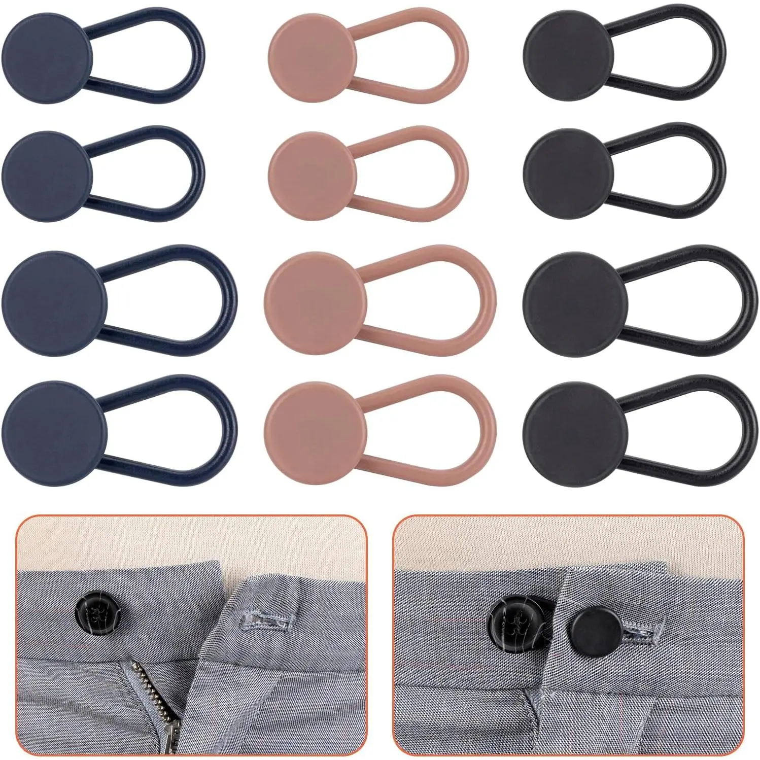 12-Pack of Extenders for Jeans, Pants  Button Extender Fantastic Extender for All Trousers and Shirts in 3 Colours for Men and Women No Sewing Instant Waistband Extension 1-1.4 Inches