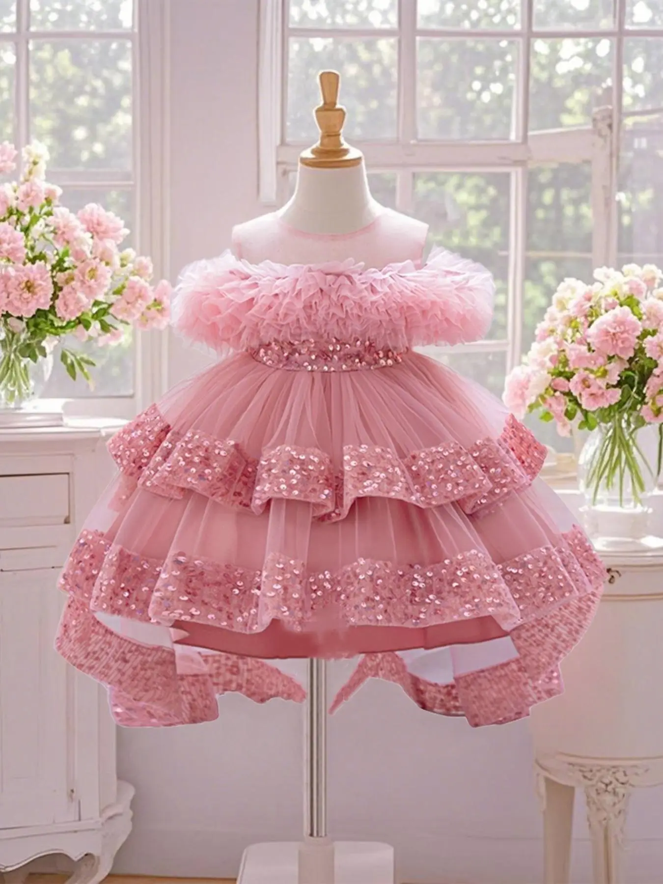 Toddler Girl's Floral Embroidery Sequins Sweater Dress, Cute Puff Sleeve Round Neck Knit Dress for Party Holiday Wedding Guest, Kids Clothes for Summe