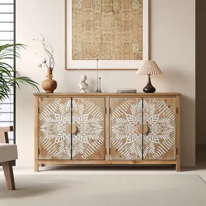 60"Wood Accent Cabinet with 4 Doors, Brown and antique white Modern Pantry Cabinet, Wood Buffet Cabinet, Media Cabinet, Console Cabinet, Cabinet for Entryway, Living Room, Bedroom, Dining Room