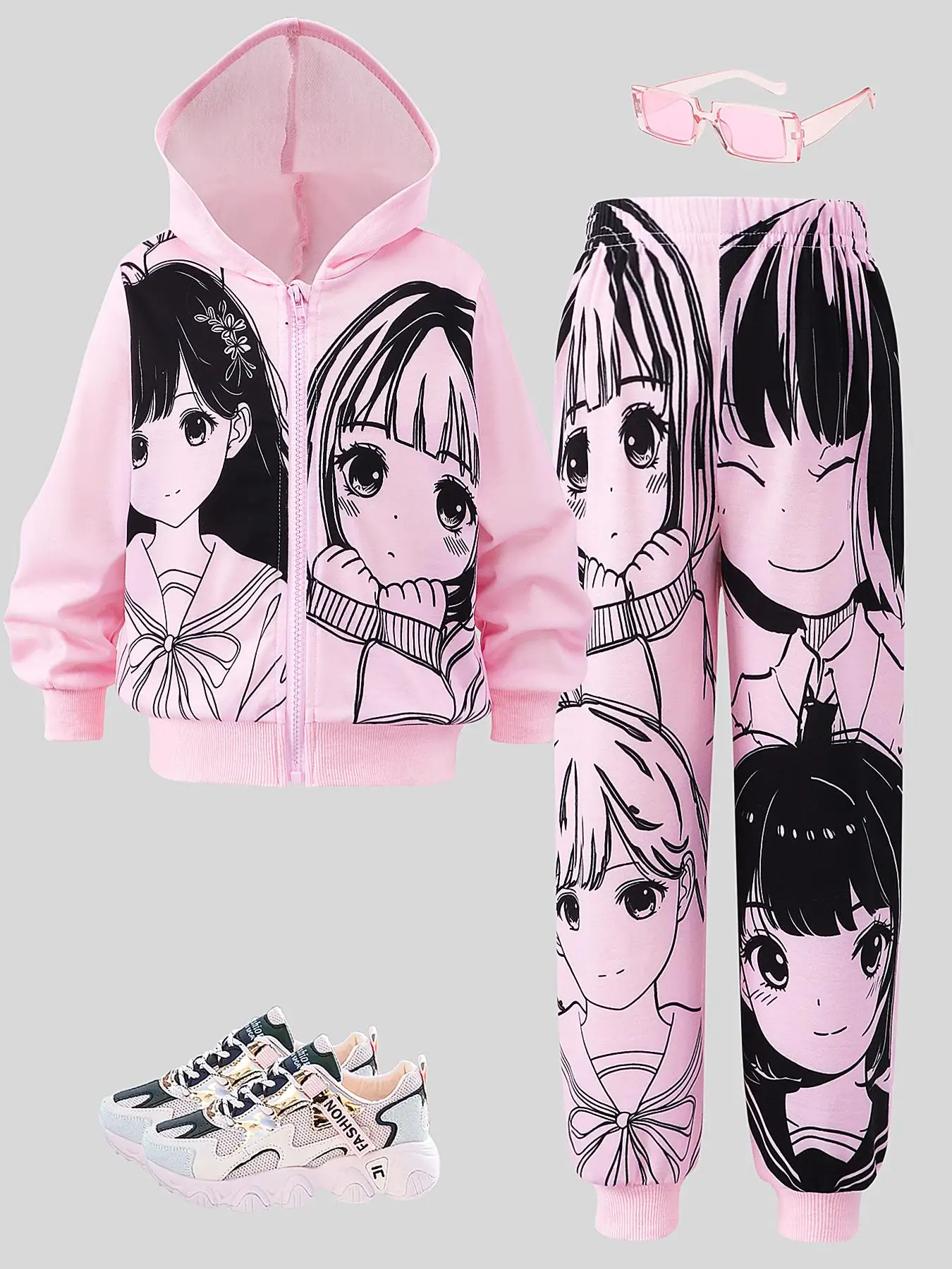 Two-Piece Set Girl's Cartoon Print Zip Up Hoodie & Pants Set, Cute Long Sleeve Hooded Sweatshirt & Trousers for Daily Wear, Kids Fall & Winter Clothes