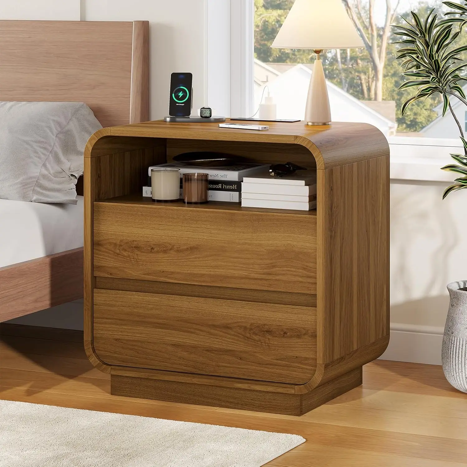 HAUOMS 25" Tall Modern Nightstand with Charging Station, 23.6" Wide Wood Bedside Table w/2 Storage Drawers, Curved Profile Design, Large Mid Century End Table for Bedroom, Living Room