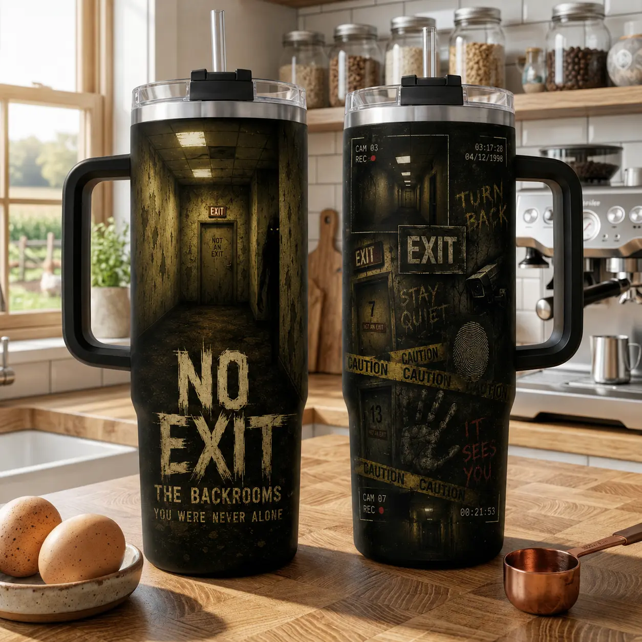 40oz No Exit The Backrooms Tumbler , Horror Liminal Space Cup With Handle, Scary Corridor Drinkware Gift