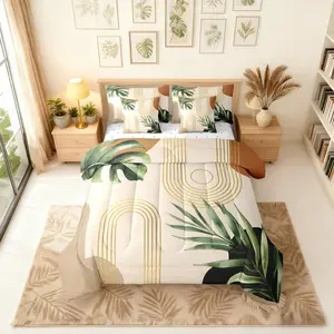 Boho Sage Green 7 Pieces Bedding Set,Abstract Bohemian Mid Century Comforter Set,with Sheets,Modern Golden Geometric Minimalist Bed in A Bag