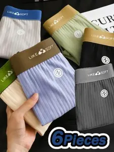 6 Pcs Men's Boyshorts, Simple Solid Color, Vertical Stripes, Breathable, High Elastic, Skin-Friendly, Loose Fit, Casual Daily Wear