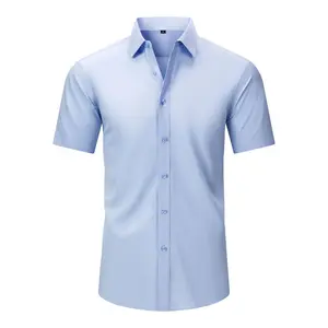 Men's Plus-Size Casual Long-Sleeve Plain Dress Shirt Tops - 4-Way Stretch Polyester Fabric, Lightweight, Wrinkle-Resistant, No-Iron, Straight Hem, Comfortable Fit for Office, Christmas Gift, XS-5XL
