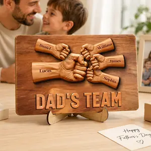 Personalized Dads Team Wooden Plaque Custom Kids Names Fist Bump Family Sign 3D Style Desk Decor Strong Dad Keepsake Fathers Day 2026 Gift For Dad Gift For Husband Gift From Kids Gifts For Family Room Decor Home Decor