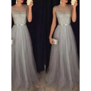 Elegant Sleeveless Maxi Gown Women - Sequined Formal Evening Dress with Mesh Overlay