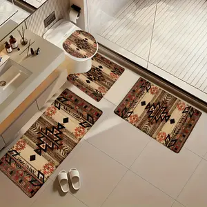 [Non Slip Bath Mats] 3/4pcs Set Retro Ethnic Style Pattern Printed Bathroom Protective Mat.Purchase Non Slip Bathroom Mats With Flannel Bathroom Mats.Bathroom Floor Mats,Soft And Comfortable.Home Decoration