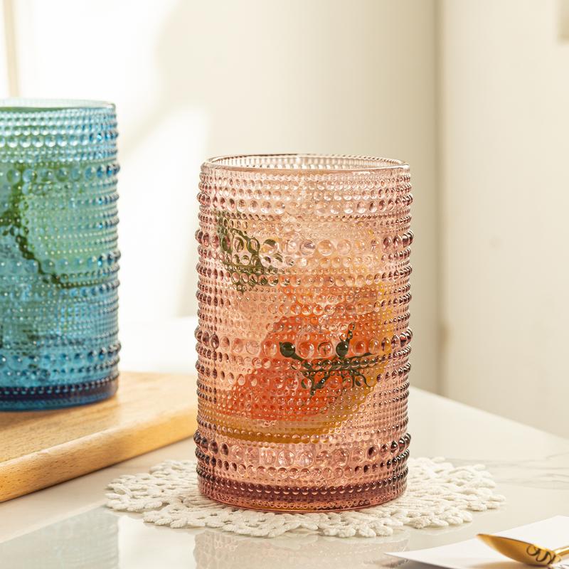 Polidream Vintage Glassware Set - 4pcs Drinkware Multicolor 15.2oz Hobnail Drinking Glasses for Beer, Cocktail, Soda & Juice - Embossed Old Fashioned Glassware with Four Unique Colors   wineglass anthropologie  juice