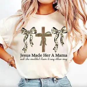Camo Christian Mama Jesus Made Her A Mama Graphic T-Shirt, Faith Hunting Casual Style, Soft Cotton, Made In USA, For Youth & Adult